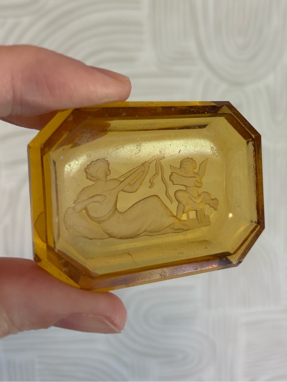 HEINRICH HOFFMAN AMBER GLASS RECTANGULAR INTAGLIO DISH WOMAN CHERUB